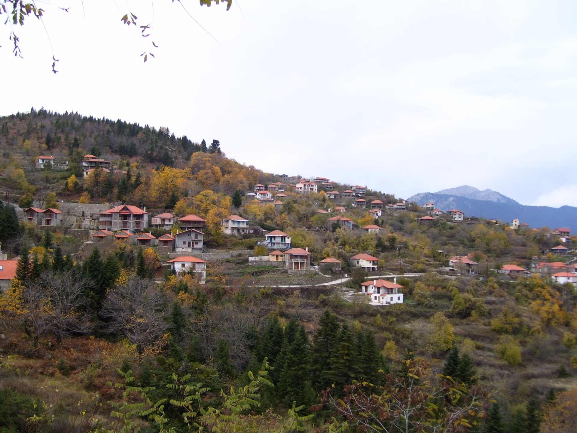 Houses with red roofs climb a wooded hillside at Ano Chora, with yellowing autumn trees, dark firs and a mountain ridge behind.