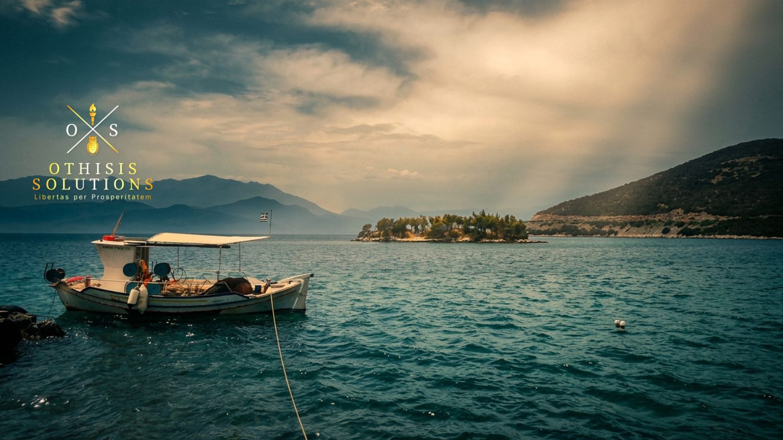 Fishing boat moored off Ag. Nikolaos in Fokida, with a small island lit by sunlight breaking through storm clouds.