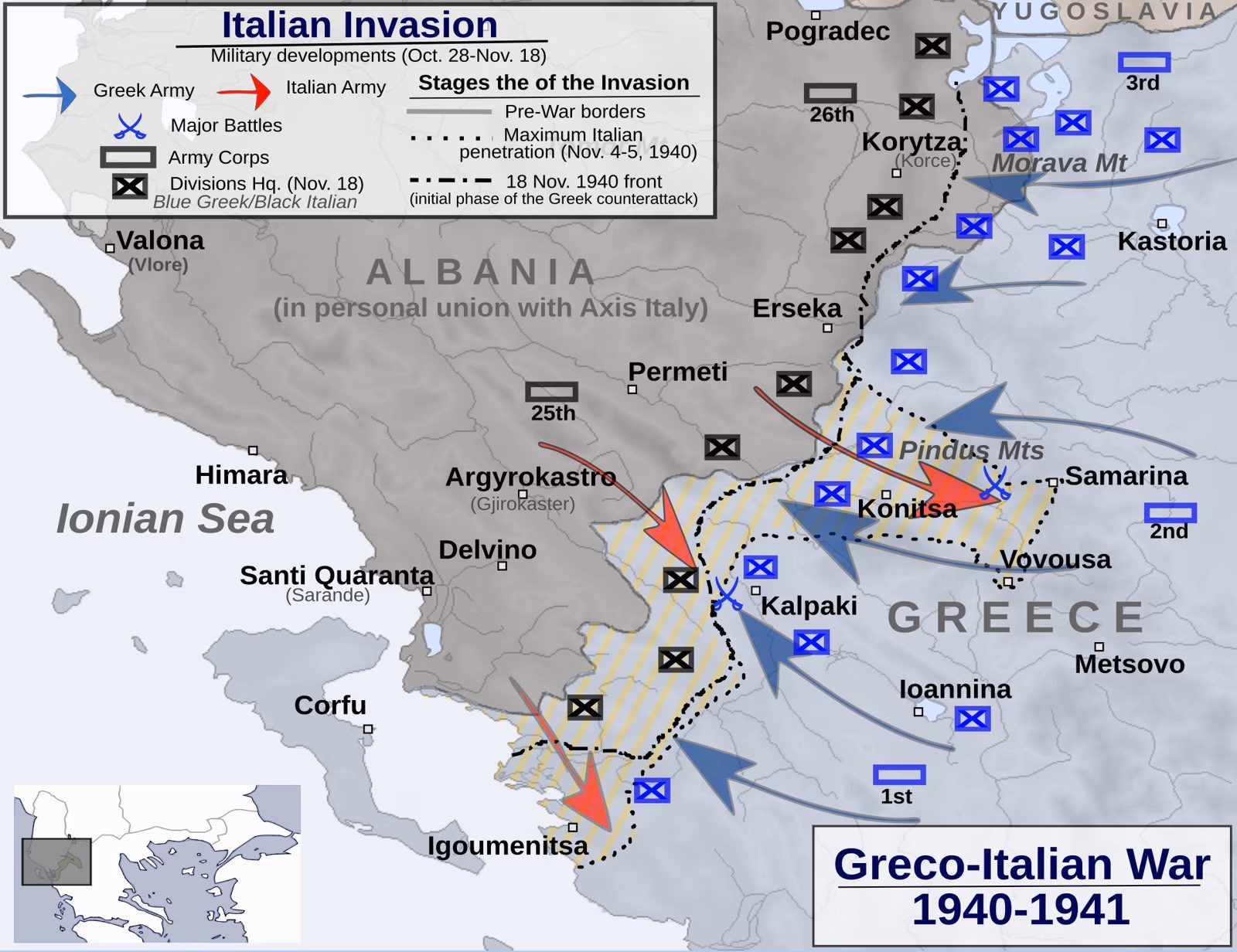 Map of the Greek-Albanian border with arrows of the Italian advance towards Kalpaki and the Pindus and the Greek counter-attack