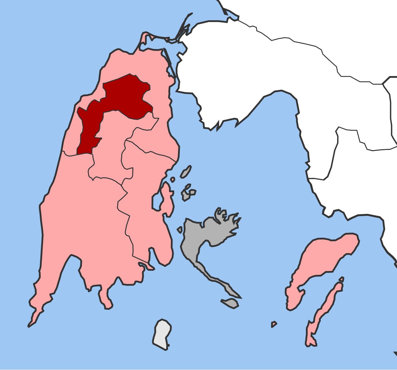 Outline map of Lefkada and the facing mainland coast, with a district in the north-central part of the island shaded dark red and the rest of the island shaded pink.