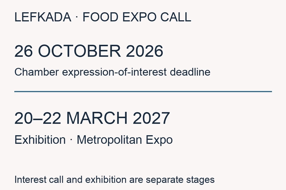 26 October 2026: Lefkada Chamber expression-of-interest deadline. 20–22 March 2027: FOOD EXPO at Metropolitan Expo.